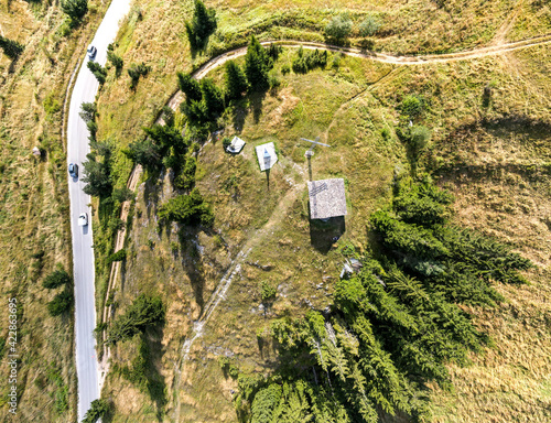 Aerial panorama of Rhodope Mountains and village of Stoykite, Bulgaria photo