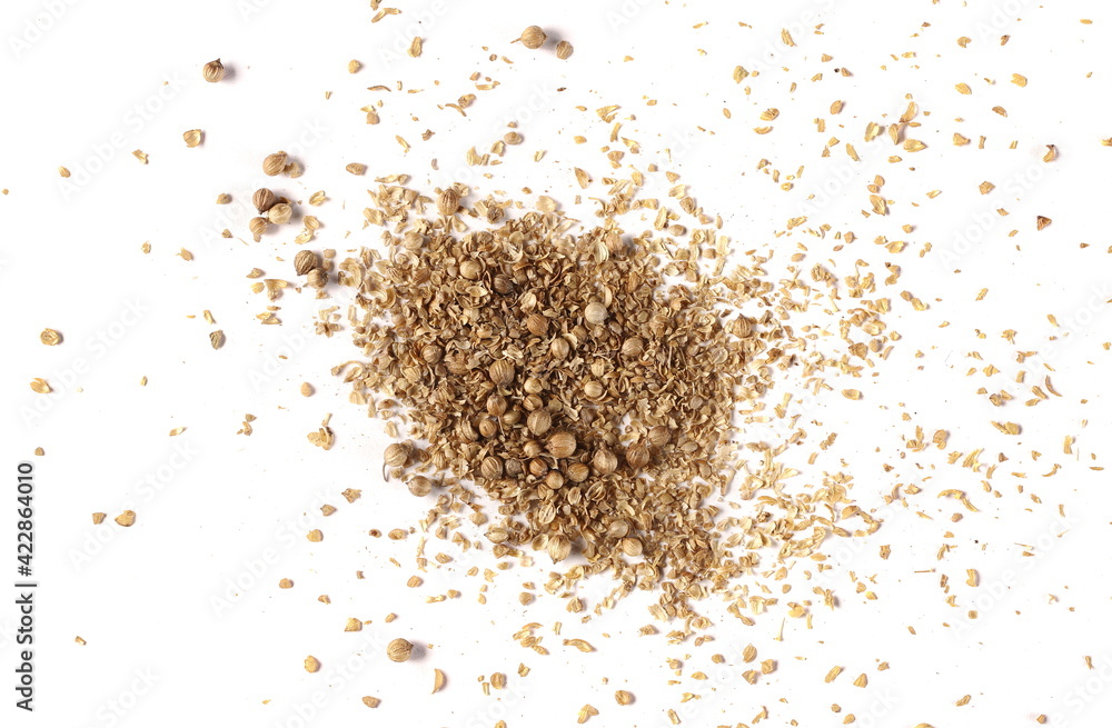 Coriander ground pile and seeds isolated on white background, top view Coriander ground pile and seeds isolated on white background, top view