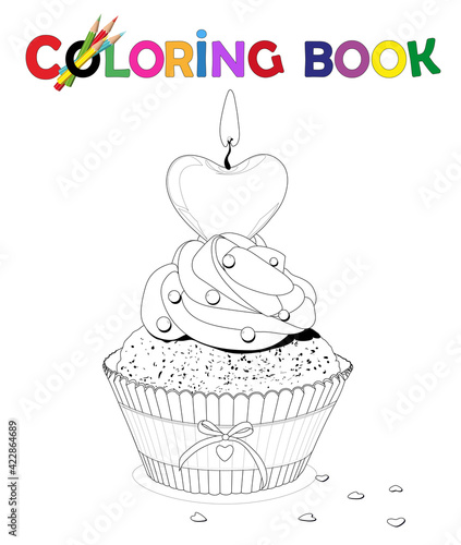 Malvorlage Cupcake oder Muffin Gebäck mit Herz-Kerze, Karte für Geburtstag, Muttertag, Karneval, Fasching, Kindergeburtstag, Silvester und andere Feier 