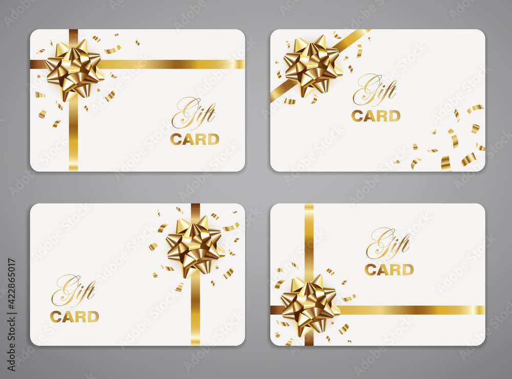 Naklejka premium White gift cards with golden bow and confetti. Greeting card templates set. Vector illustration.