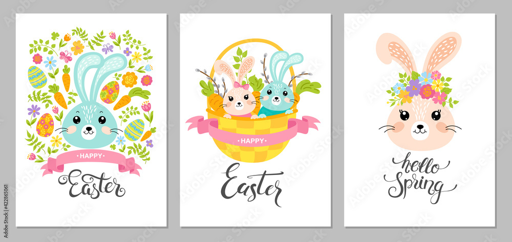Obraz premium Happy Easter and Hello Spring cards with cute rabbits, floral elements and typographic design. Greeting templates and invitations. Vector illustration.