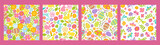 Easter and Spring seamless patterns set with cute colorful rabbits, floral elements, eggs, insects on white background . Vector illustration.