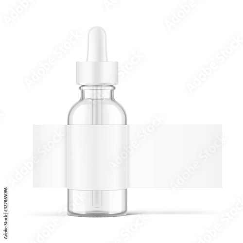 Dropper bottle with label mockup isolated on white background. Vector illustration. Front view. Сan be used for cosmetic, medical and other needs. EPS10	
