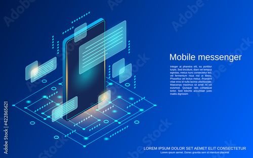 Mobile messenger, online chat flat 3d isometric vector concept illustration