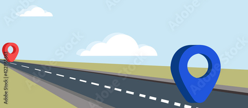 Vector image. An asphalt road marked with a start and end point marked with a red and blue mark. In a cartoon style. EPS 10