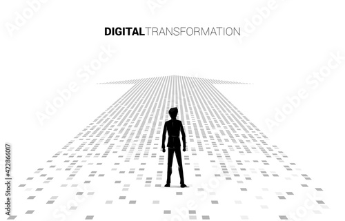 Silhouette of businessman standing on the arrow from pixel. concept of digital transformation of business.