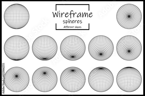 Vector design with wireframe sphere globes on white isolated. Wireframe globes in different slopes, positions. Globe icons
