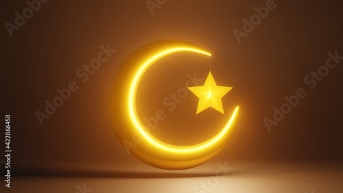 Crescent moon and stars golden Islamic symbol 3D rendering