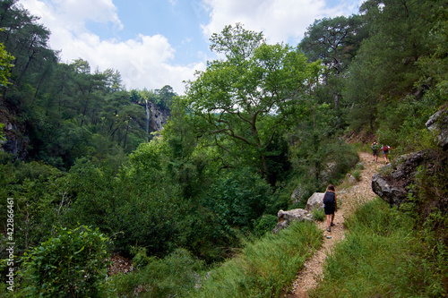 The hikers with backpacks walking on a narrow trail