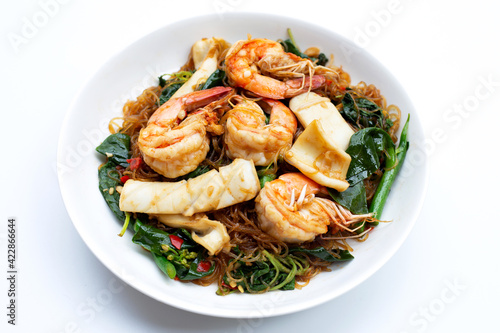 Spicy stir fried vermicelli, holy basil leaves with sea food, Prawn and Squid