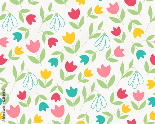 Tulips and Snowdrops spring summer floral Seamless Pattern Floral natural universal pattern Pink scarlet yellow tulip on white background pastel doodle Vector illustration