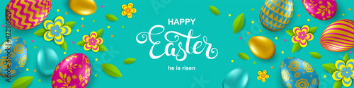 Happy Easter banner with colorful eggs, flowers, confetti and handwritten calligraphy. Vector illustration.