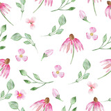 Watercolor seamless pattern with pink flowers and green leaves.