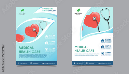 Medical health care flyer brochure template design, flyer template of medical care with white background for text in A4 size, space for picture and blue wavy lines decoration. vector illustration 
