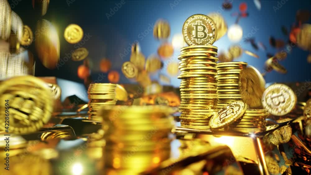 Bitcoin cryptocurrency falling coins surrounded by gold bars 4k video footage. High quality 4k footage