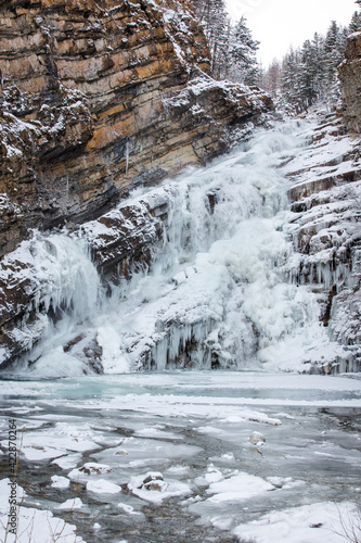 Beautiful Cameron Falls in Waterton, Frozen in Winte