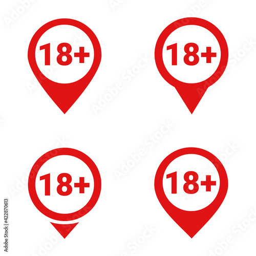 Set of map pointer with 18 plus icon. Age restriction sign. Under 18 not allowed sign. Illustration vector