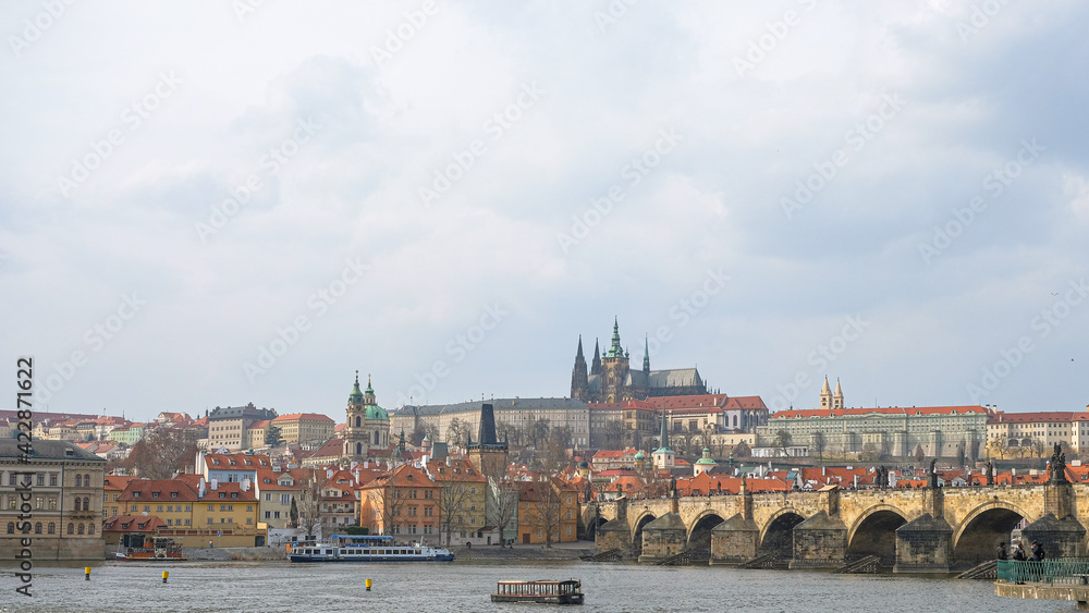 Landscape view of famous Prague riverside medieval buildings,European landmarks,Travel destinations