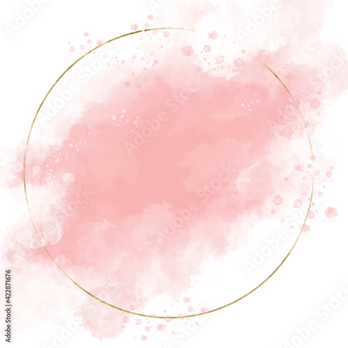 Pink and nude brush strokes and gold frame. Abstract watercolor background