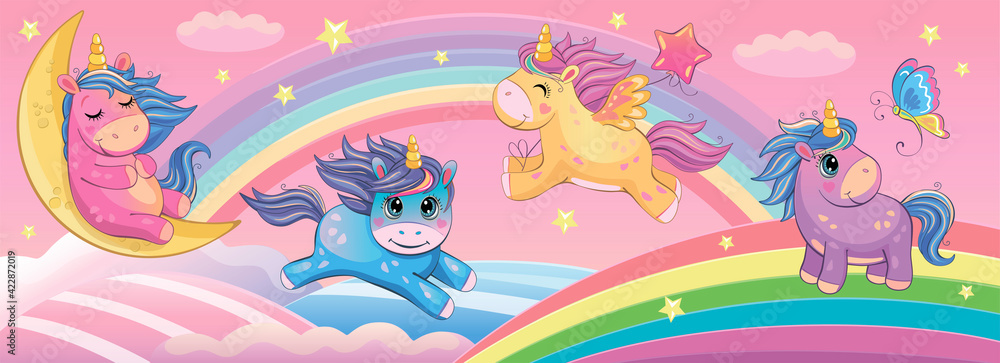 Set funny small unicorns. Cute little pony or horse. Fairytale background with rainbows and animals. Fabulous landscape. Children's wallpaper. Cartoon illustration. Wonderland. Toy or doll. Vector. Stock Vector | Adobe Stock Set funny small unicorns. Cute little pony or horse. Fairytale background with rainbows and animals. Fabulous landscape. Children's wallpaper. Cartoon illustration. Wonderland. Toy or doll. Vector. Stock Vector | Adobe Stock