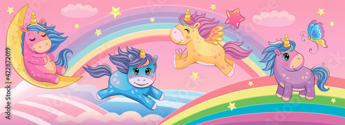 Set funny small unicorns. Cute little pony or horse. Fairytale background with rainbows and animals. Fabulous landscape. Children's wallpaper. Cartoon illustration. Wonderland. Toy or doll. Vector. 