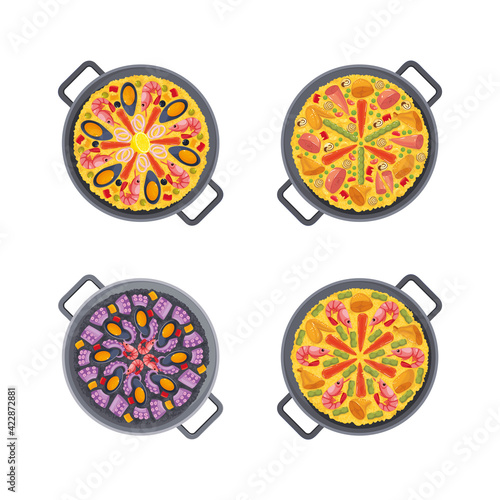 Set of spanish paella in a pan with seafood, Valencian with chicken, rabbit and legumes, with chicken and shrimps, with black rice, shrimps and octopus. Vector food illustration, icon, sticker, emblem