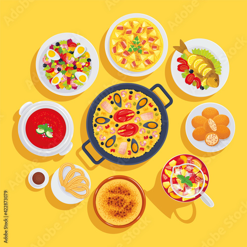 Set of typical Spanish dishes: salad, gazpacho, paella, baked dorado fish, croquettes, sangria, desserts. Vector food illustration, cartoon, icons, symbols, stickers, poster