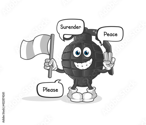 hand grenade hold surrender flag mascot. cartoon vector