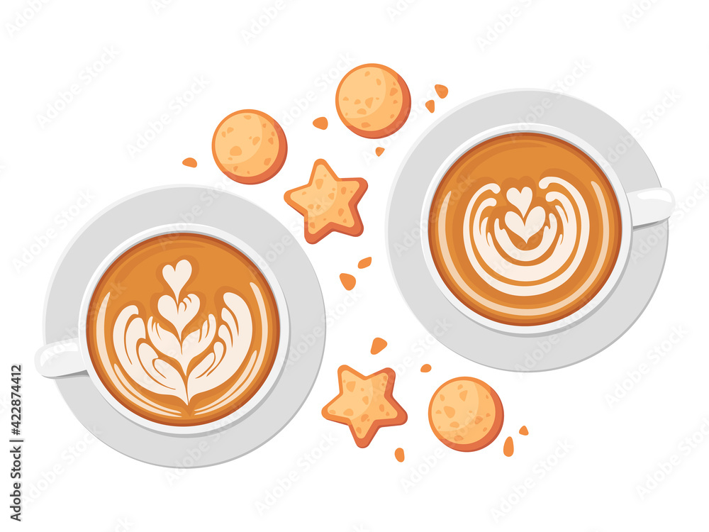 Cute pre-made greeting card of cappuccino cups and cookies. Valentine day concept. Cartoon vector illustration. Flat design.