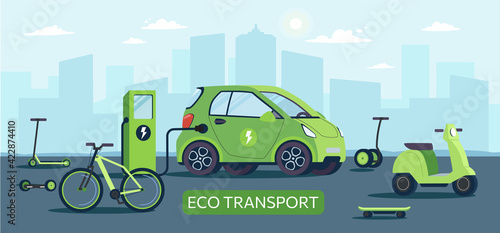 Environmentally friendly transport powered by renewable energy sources. Electric car at charging station against the background of city, gyroboard, bicycle, scooter, scooter,skateboard.Vector vehicles