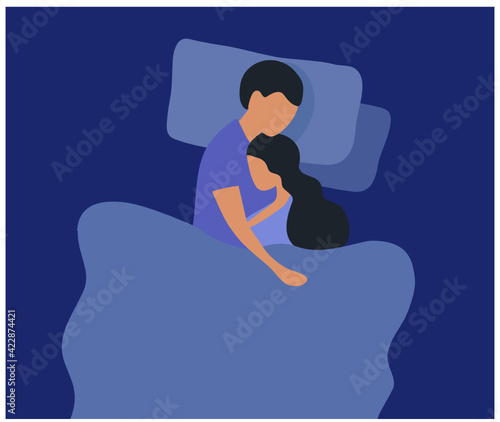 Romantic couple sleeping happily on bed vector illustration. Love and happy relationship concept