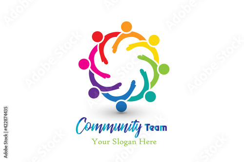 Logo community teamwork people in a hug can be a group of children working together vector image logotype id card design