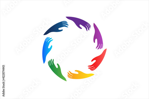 Logo colorful hands in a circle shape image web vector icon rainbow colors background template