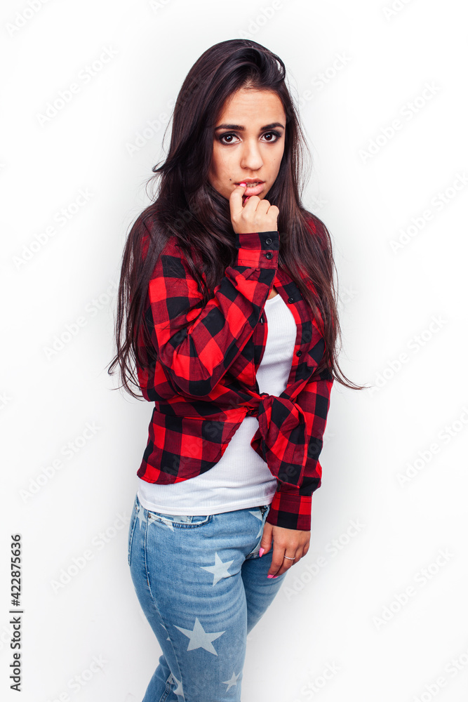 young happy smiling latin american teenage girl emotional posing on white background, lifestyle people concept young happy smiling latin american teenage girl emotional posing on white background, lifestyle people concept