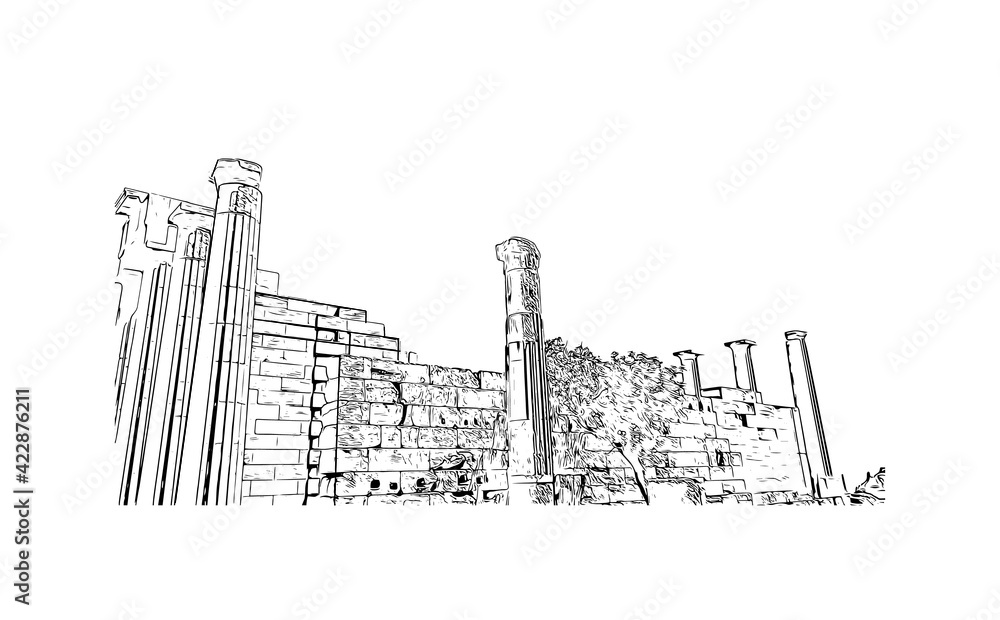 Fototapeta Building view with landmark of Rhodes is the island in Greece. Hand drawn sketch illustration in vector.