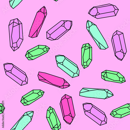 Seamless pattern with colorful magic crystals. Cute cartoon-style illustration for a fabric print.