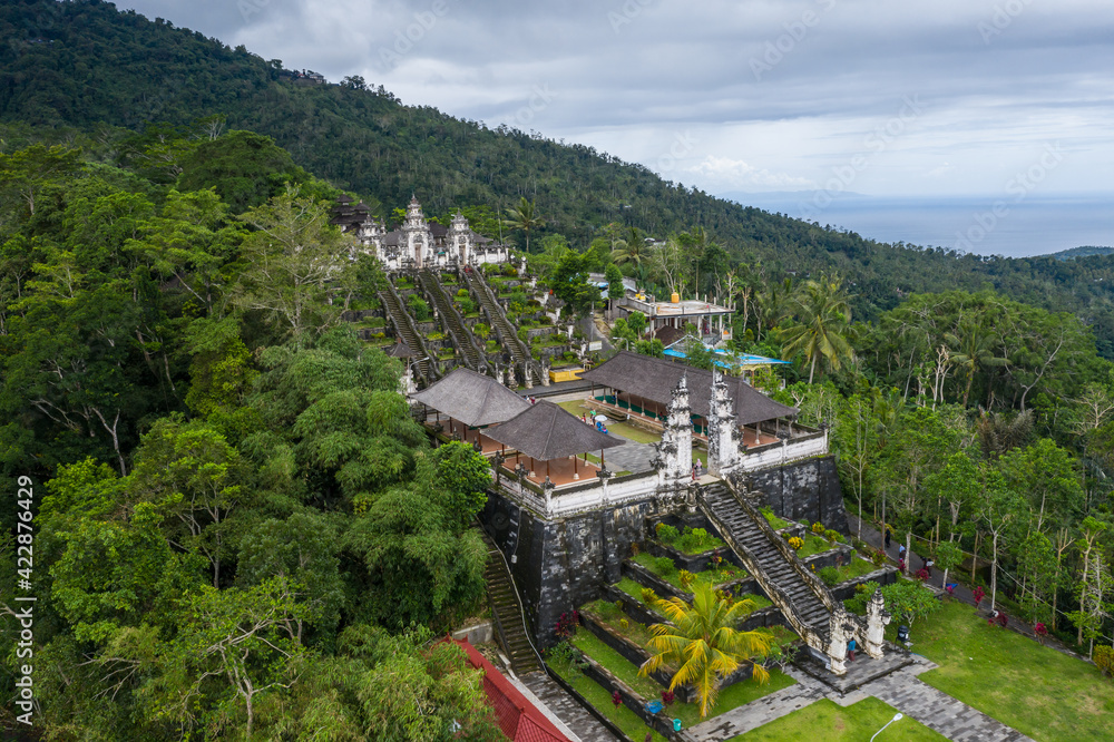 Aerial viewf of the Lempuyang temple, a traditional Balinese Hindu temple in Bali, Indonesia