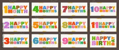 Happy first month, 1, 2, 3, 4, 5, 6, 7, 8, 9, 10, 11. Handwritten greeting lettering. Happy birthday, kids multicolor lettering. Vector, set of greeting cards for a child under one year old.