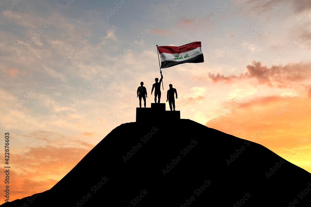 Iraq flag being waved on top of a winners podium. 3D Rendering