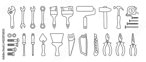 Construction tools vector set. Black line doodle sketch. Adjustable wrench, brush, roller, hammer and nails. Screw, nut and bolt. Tape measure, screwdriver, putty knife, saw, pliers and wire cutters