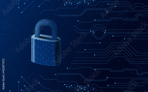 Closed padlock. symbol of security, protection, reliability, privacy and other concepts.wireframe, plexus,vector, dark-blue background,dots,triangle,low poly