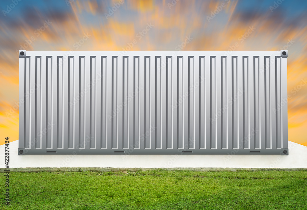 Cargo container or shipping container illustration design with sky background. Large metal box or intermodal freight transport equipment to storage goods for logistics, shipment and import export.