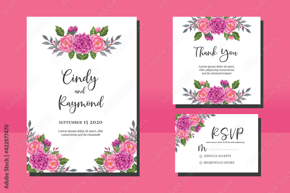 Wedding invitation frame set, floral watercolor hand drawn Dahlia with Peony Flower design Invitation Card Template