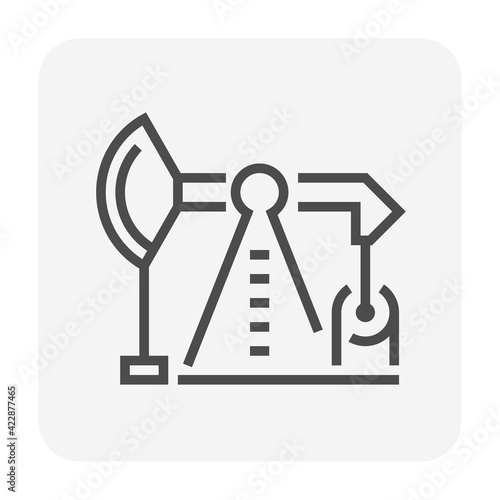 Oil pump, pumpjack vector icon. Industrial machine equipment, onshore platform or drilling rig for supply crude oil, fossil fuel from oil well by exploration, extraction, production. Editable stroke.