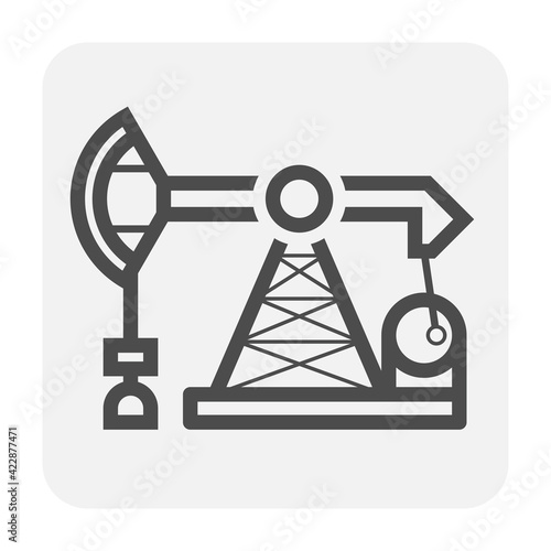 Oil pump or pumpjack vector icon. Industrial machine equipment or onshore platform with drilling rig for supply crude oil, fossil fuel, resource from oil well. By exploration, extraction, production.