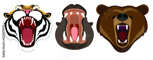 Wild animals with open mouth. Tiger, hippo and bear. Animals in cartoon style. Label, Design Logo, Vector Clipart. Vector illustration isolate. Print for T-shirts and sweatshir
