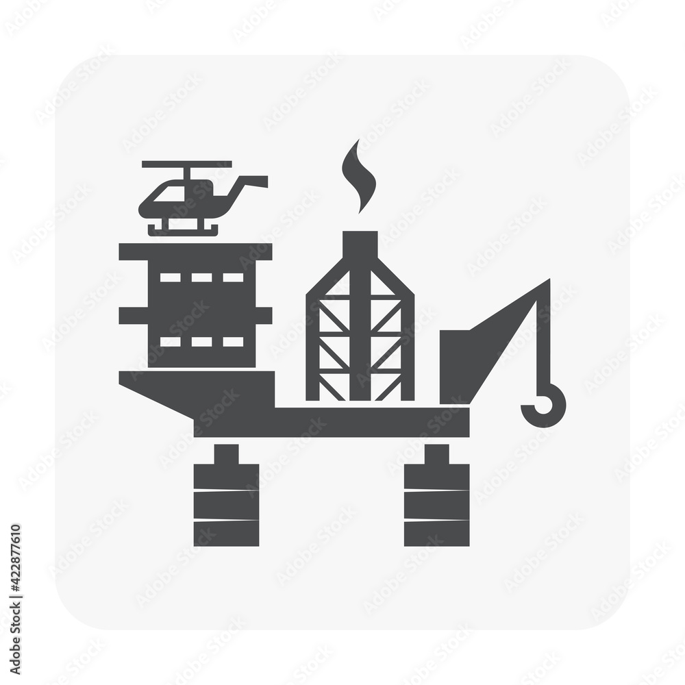 Oil platform or offshore drilling rig vector icon. Equipment of petroleum industry for supply fossil fuel, crude, natural gas and resource from oil well. By exploration, extraction and production. Oil platform or offshore drilling rig vector icon. Equipment of petroleum industry for supply fossil fuel, crude, natural gas and resource from oil well. By exploration, extraction and production.