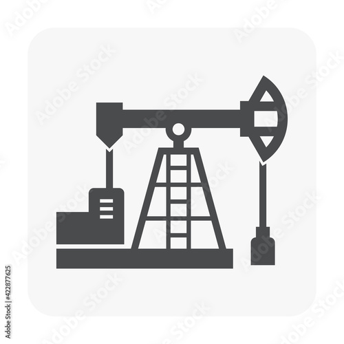 Oil pump or pumpjack vector icon. Industrial machine equipment or onshore platform with drilling rig for supply crude oil, fossil fuel, resource from oil well. By exploration, extraction, production.