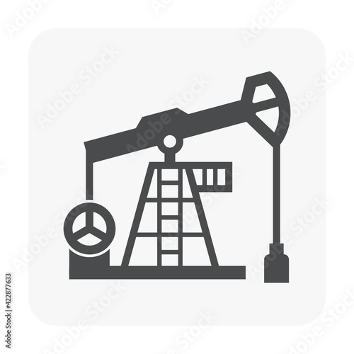 Oil pump or pumpjack vector icon. Industrial machine equipment or onshore platform with drilling rig for supply crude oil, fossil fuel, resource from oil well. By exploration, extraction, production.