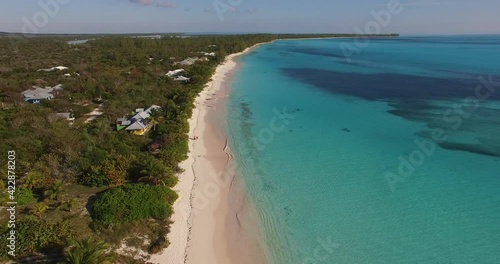 Aerial view of the beach at Shannas Cove and turquoise waters along the shoreline of Cat Island, Bahamas. photo